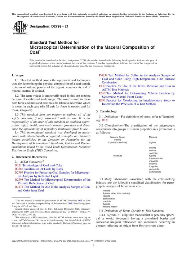 ASTM D2799-21 显微测定煤的煤素质组分的标准试验方法