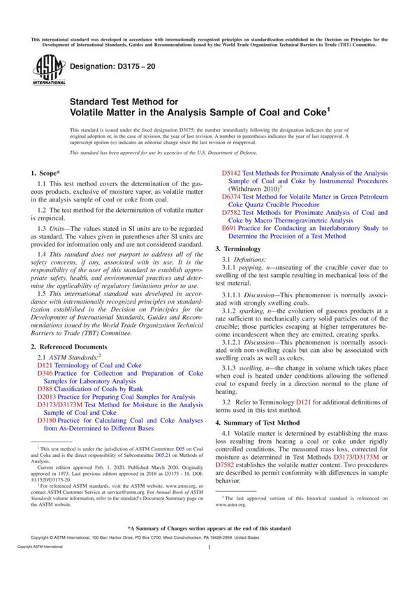 ASTM D3175-20 Standard Test Method for Volatile Matter in the Analysis Sample of Coal and Coke