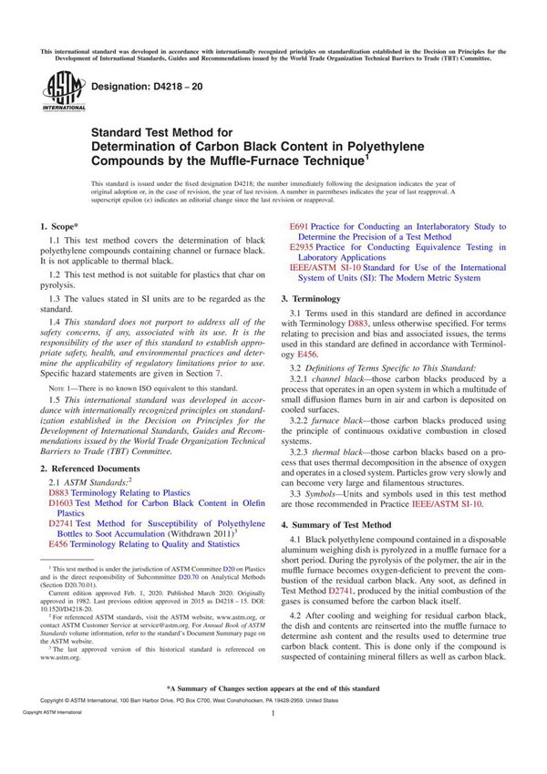 ASTM D4218-20 Standard Test Method for Determination of Carbon Black Content in Polyethylene Compo