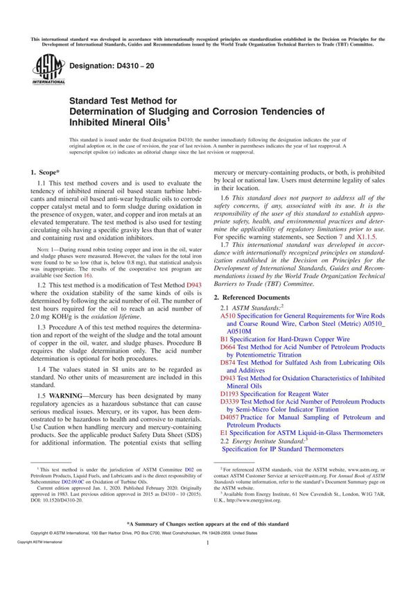 ASTM D4310-20 Standard Test Method for Determination of Sludging and Corrosion Tendencies of Inhib