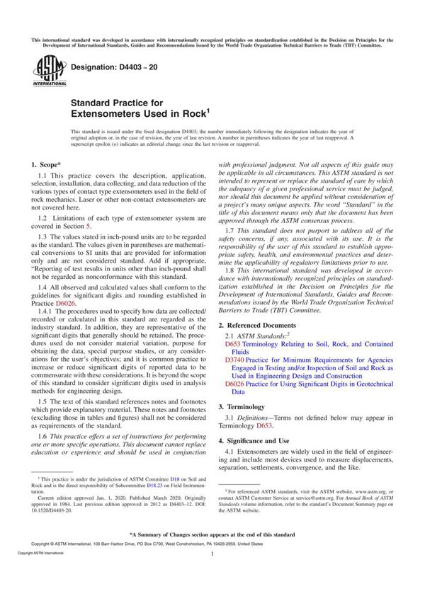 ASTM D4403-20 Standard Practice for Extensometers Used in Rock