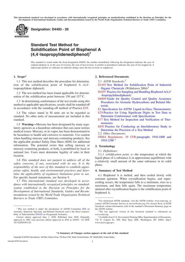 ASTM D4493-20 Standard Test Method for Solidification Point of Bisphenol A(4,4′-Isopropylidenedip
