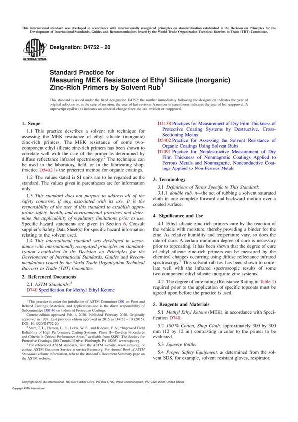 ASTM D4752-20 Standard Practice for Measuring MEK Resistance of Ethyl Silicate (Inorganic) Zinc-Ri