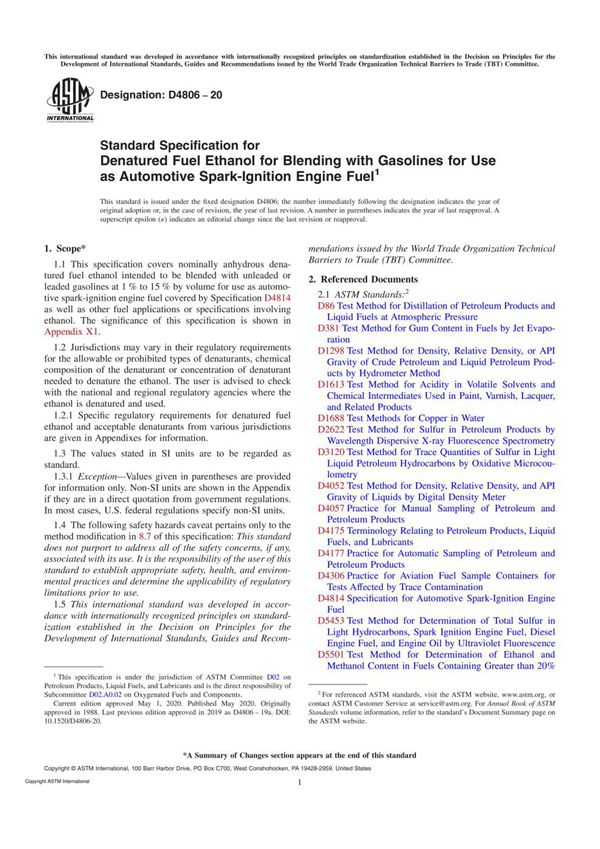 ASTM D4806-20 Standard Specification for Denatured Fuel Ethanol for Blending with Gasolines for Us