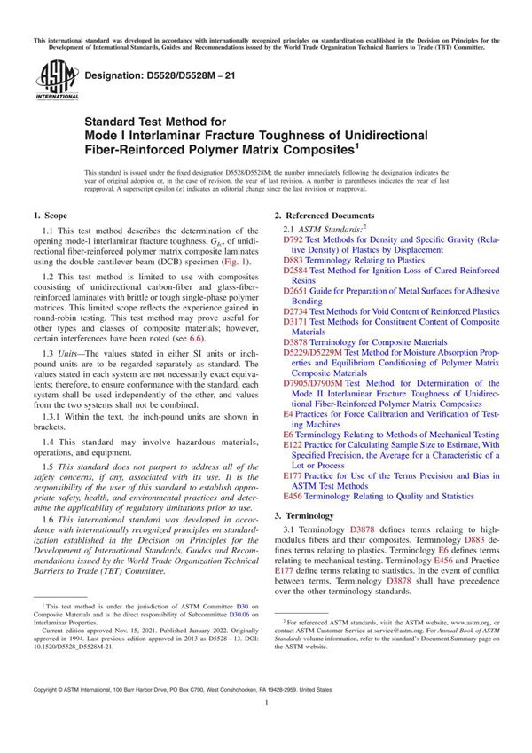 ASTM D5528 D5528M-21 单向纤维增强聚合物基复合材料的I型层间断裂韧性的标准试验方法