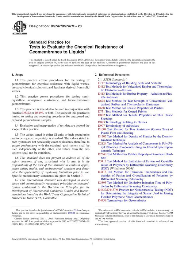 ASTM D5747 D5747M-20 Standard Practice for Tests to Evaluate the Chemical Resistance of Geomembran
