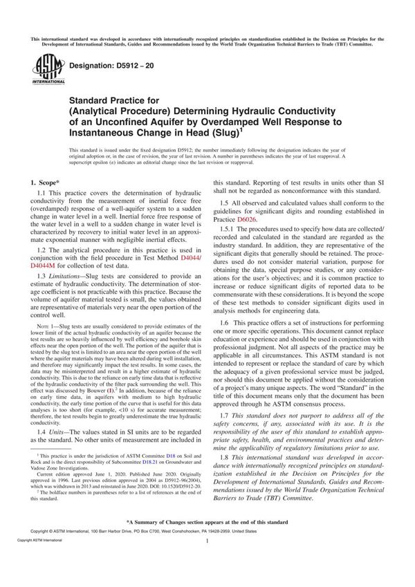 ASTM D5912-20 Standard Practice for (Analytical Procedure) Determining Hydraulic Conductivity of a