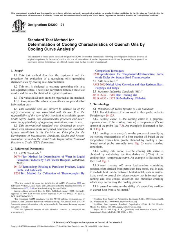 ASTM D6200-21 用冷却曲线分析法测定淬火油冷却特性的标准试验方法