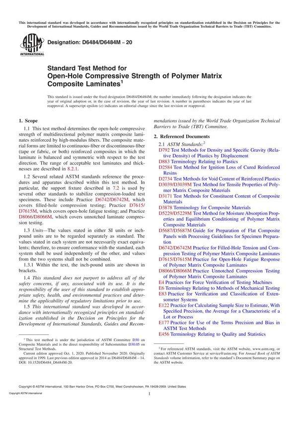 ASTM D6484 D6484M-20 Standard Test Method for Open-Hole Compressive Strength of Polymer Matrix Com