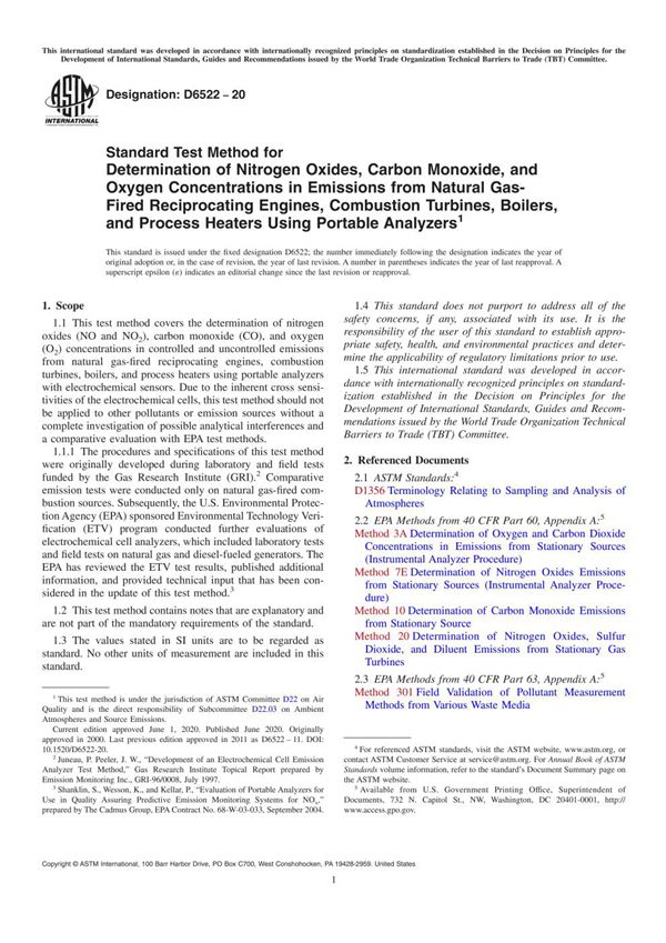 ASTM D6522-20 Standard Test Method for Determination of Nitrogen Oxides, Carbon Monoxide, and Oxyg