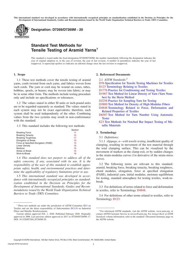 ASTM D7269 D7269M-20 Standard Test Methods for Tensile Testing of Aramid Yarns