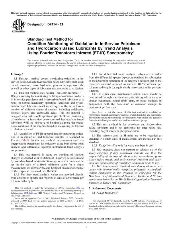 ASTM D7414-21 用傅里叶变换红外光谱法(FT-IR)趋势分析法监测在用石油和碳氢化合物基润滑剂氧化状态的标准试验方法