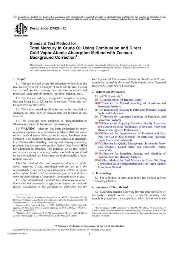 ASTM D7622-20 Standard Test Method for Total Mercury in Crude Oil Using Combustion and Direct Cold