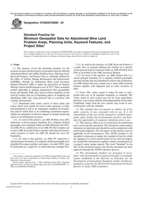 ASTM D7699 D7699M-20 Standard Practice for Minimum Geospatial Data for Abandoned Mine Land Problem