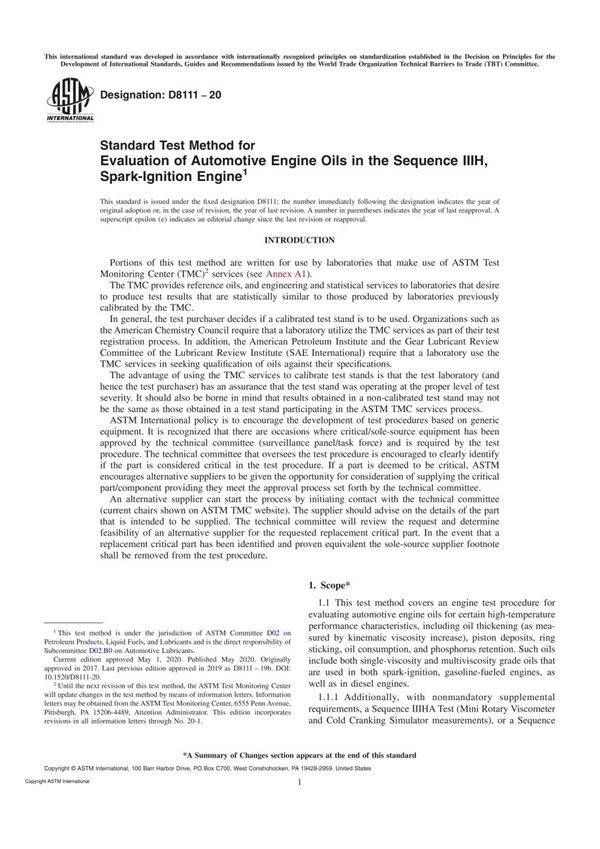 ASTM D8111-20 Standard Test Method for Evaluation of Automotive Engine Oils in the Sequence IIIH,