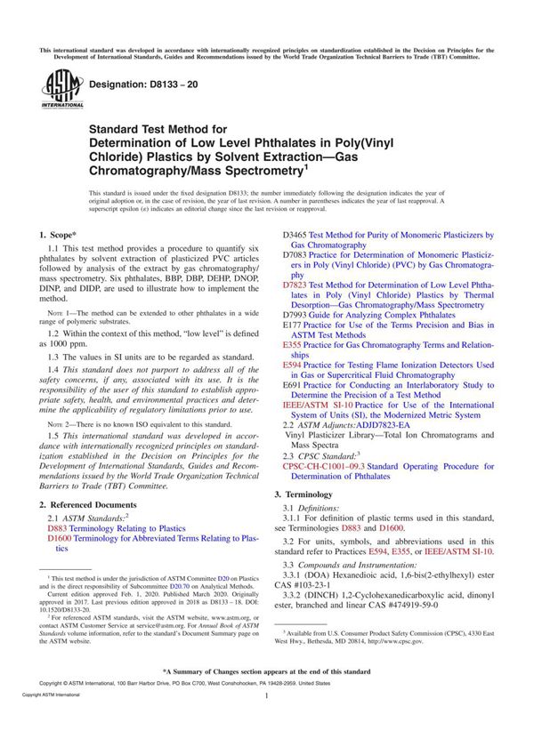 ASTM D8133-20 Standard Test Method for Determination of Low Level Phthalates in Poly(Vinyl Chlorid
