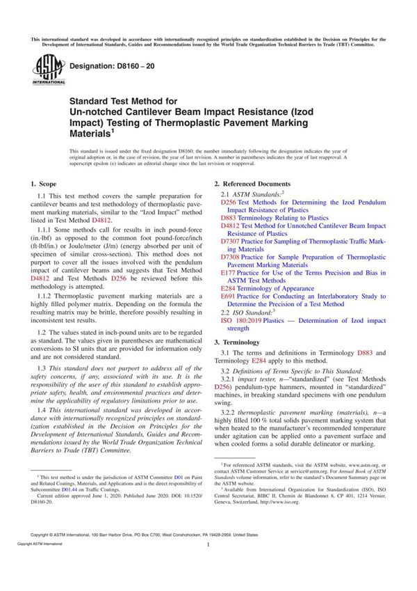 ASTM D8160-20 Standard Test Method for Un-notched Cantilever Beam Impact Resistance (Izod Impact)