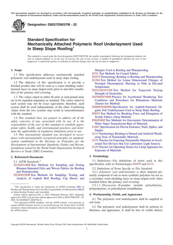 ASTM D8257 D8257M-22 陡坡屋顶用机械连接聚合屋顶垫层的标准规范