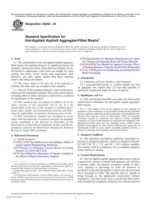 ASTM D8260-20 Standard Specification for Hot-Applied Asphalt Aggregate-Filled Mastic