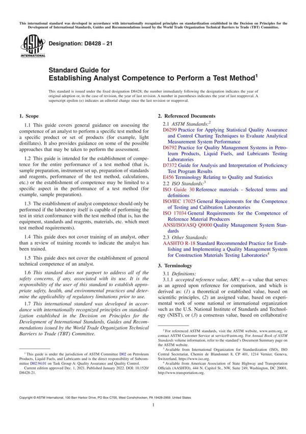 ASTM D8428-21 建立分析员执行试验方法能力的标准指南