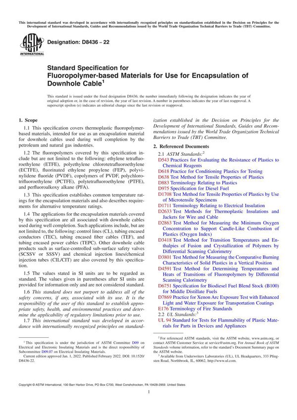 ASTM D8436-22 井下电缆封装用含氟聚合物基材料的标准规范