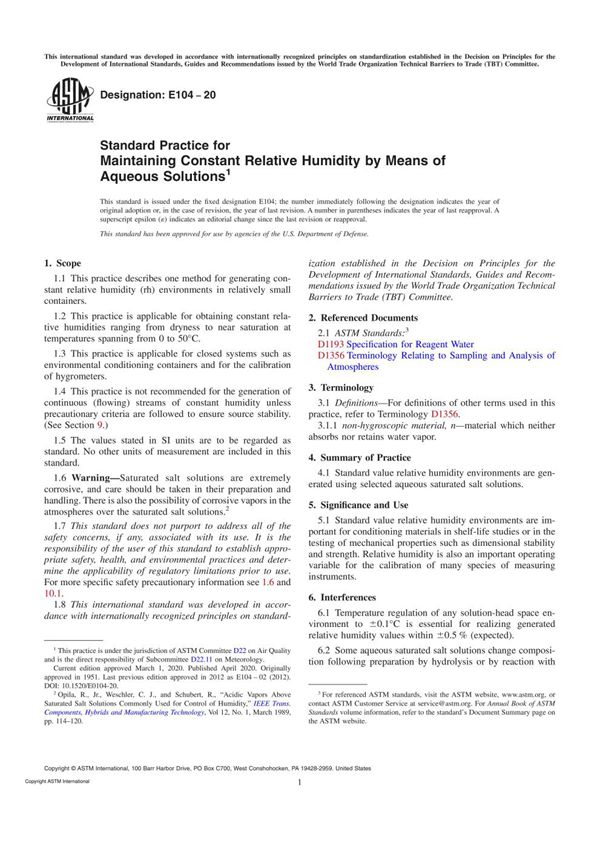 ASTM E104-20 Standard Practice for Maintaining Constant Relative Humidity by Means of Aqueous Solu