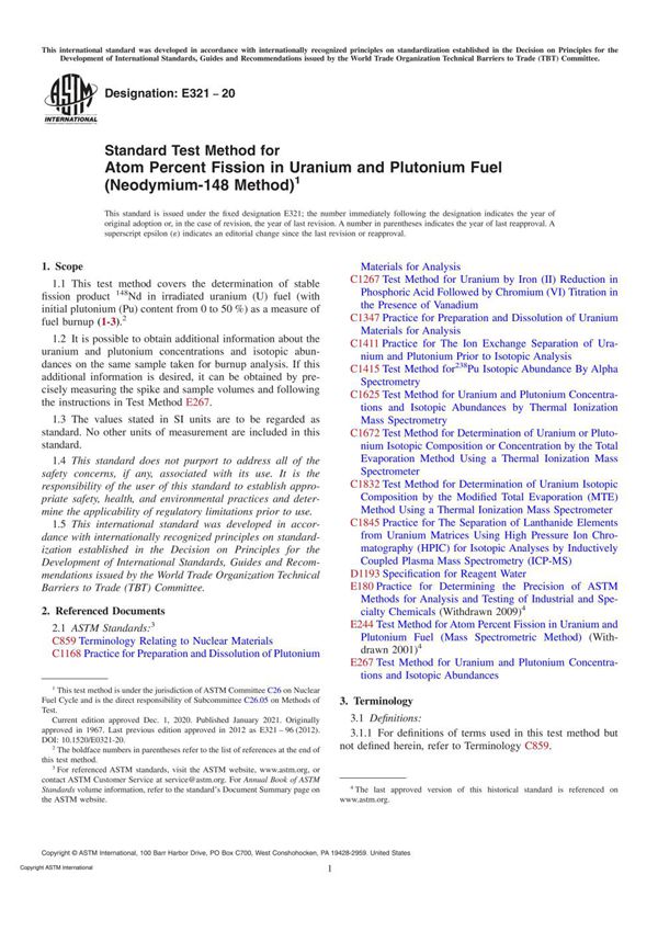 ASTM E321-20 Standard Test Method for Atom Percent Fission in Uranium and Plutonium Fuel (Neodymiu