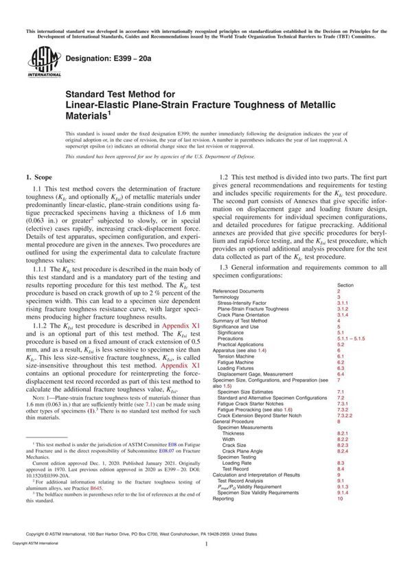 ASTM E399-20a Standard Test Method for Linear-Elastic Plane-Strain Fracture Toughness of Metallic
