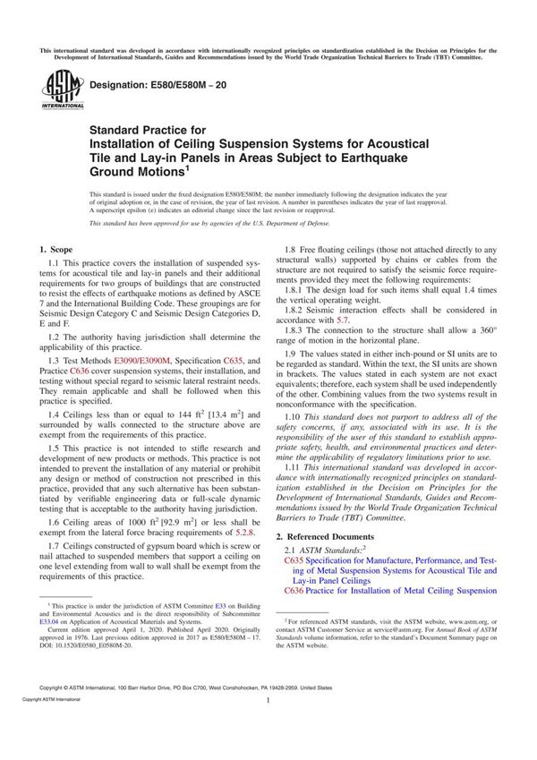 ASTM E580 E580M-20 Standard Practice for Installation of Ceiling Suspension Systems for Acoustical