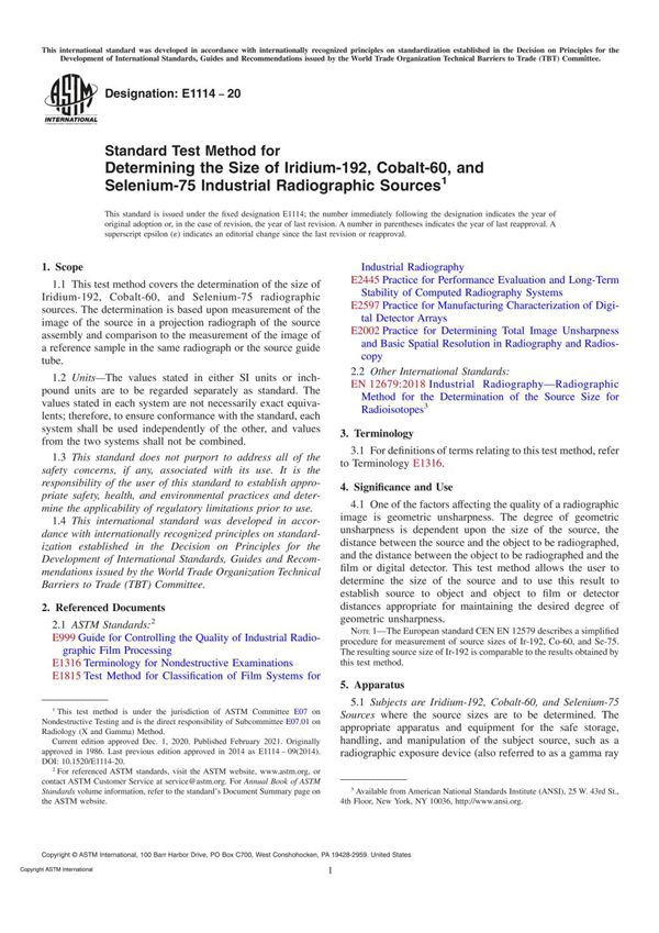 ASTM E1114-20 Standard Test Method for Determining the Size of Iridium-192, Cobalt-60, and Seleniu