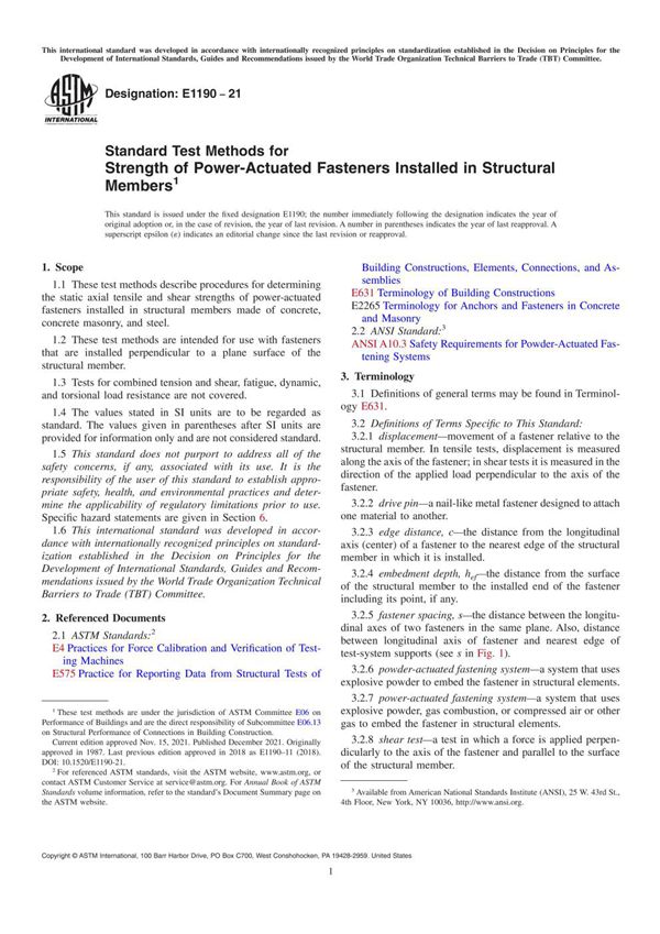 ASTM E1190-21 安装在结构构件中的动力驱动紧固件强度的标准试验方法