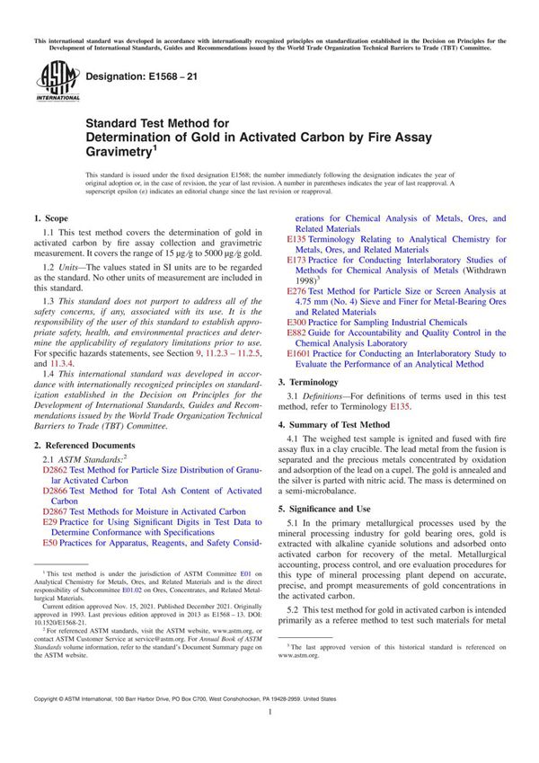 ASTM E1568-21 用火试金重量分析法测定活性炭中金的标准试验方法