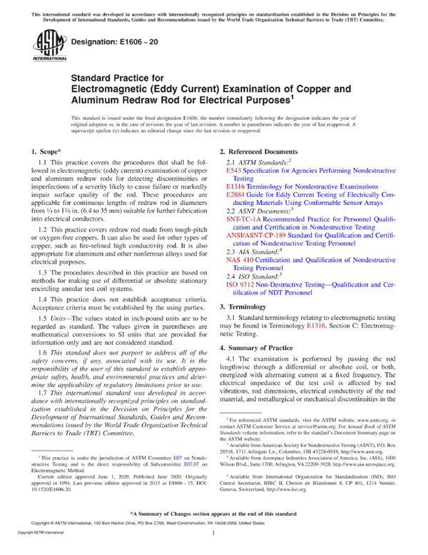 ASTM E1606-20 用于电气目的的铜和铝重拉杆的电磁(涡流)检验标准实践