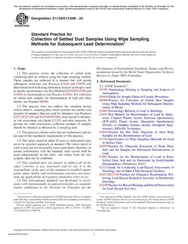 ASTM E1728 E1728M-20 使用擦拭取样方法收集沉淀粉尘样品进行后续铅测定的标准做法