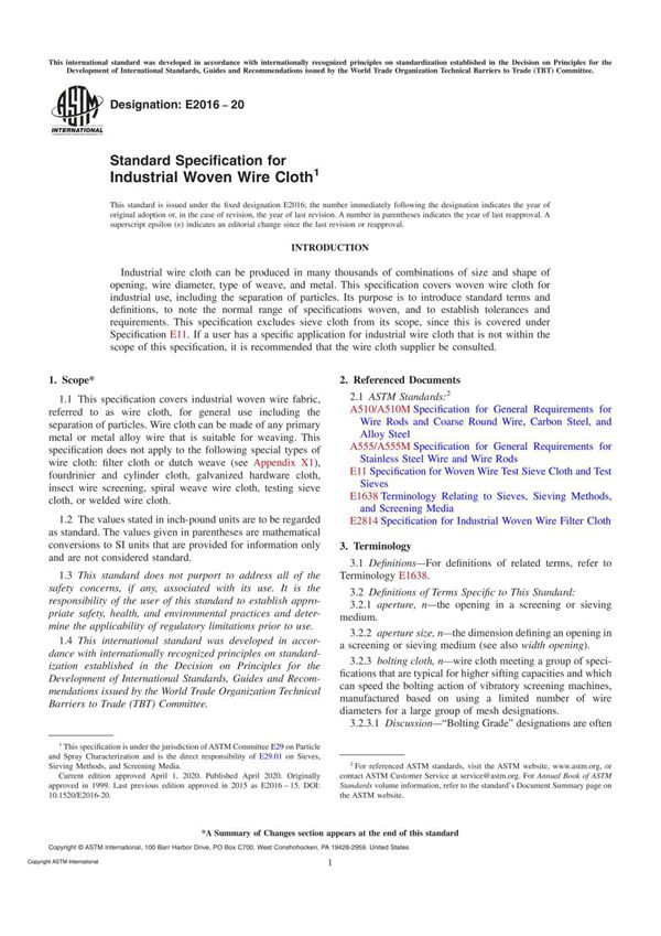 ASTM E2016-20 工业编织线布标准规格