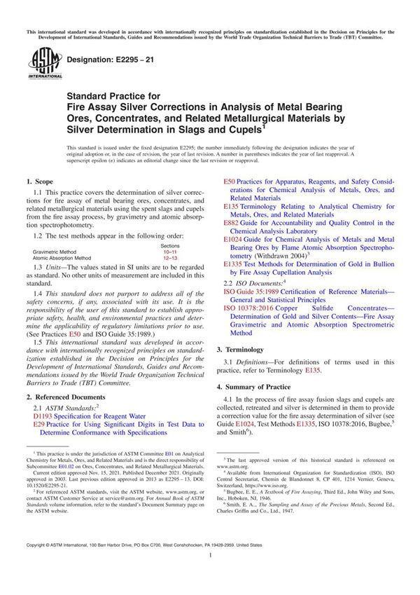 ASTM E2295-21 通过熔渣和杯中银的测定分析含金属矿石 精矿和相关冶金材料时火试金银校正的标准实施规程