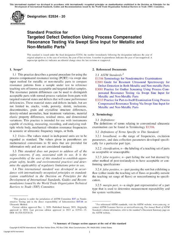 ASTM E2534-20 金属和非金属零件用扫频正弦输入过程补偿共振试验进行目标缺陷检测的标准实施规程