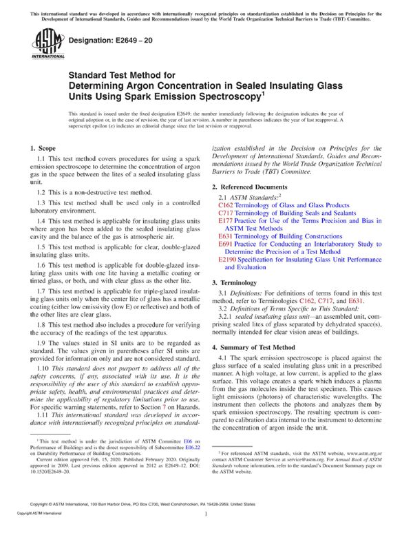 ASTM E2649-20 使用火花发射光谱测定密封绝缘玻璃单元中的氩浓度的标准测试方法