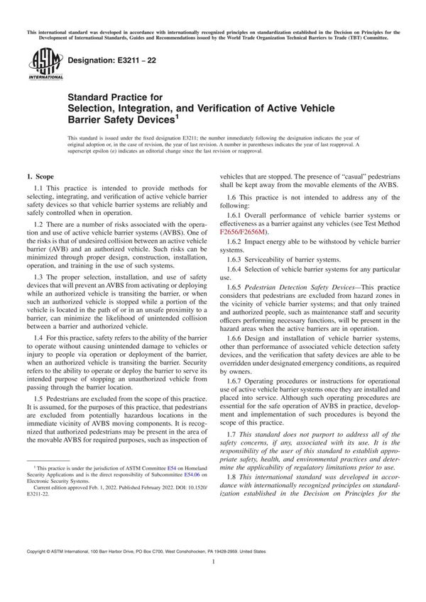 ASTM E3211-22 主动车辆屏障安全装置的选择 集成和验证的标准实施规程