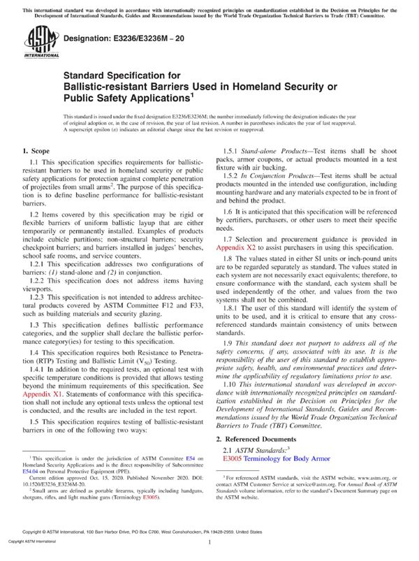 ASTM E3236 E3236M-20 国土安全或公共安全设施用防弹屏障的标准规范