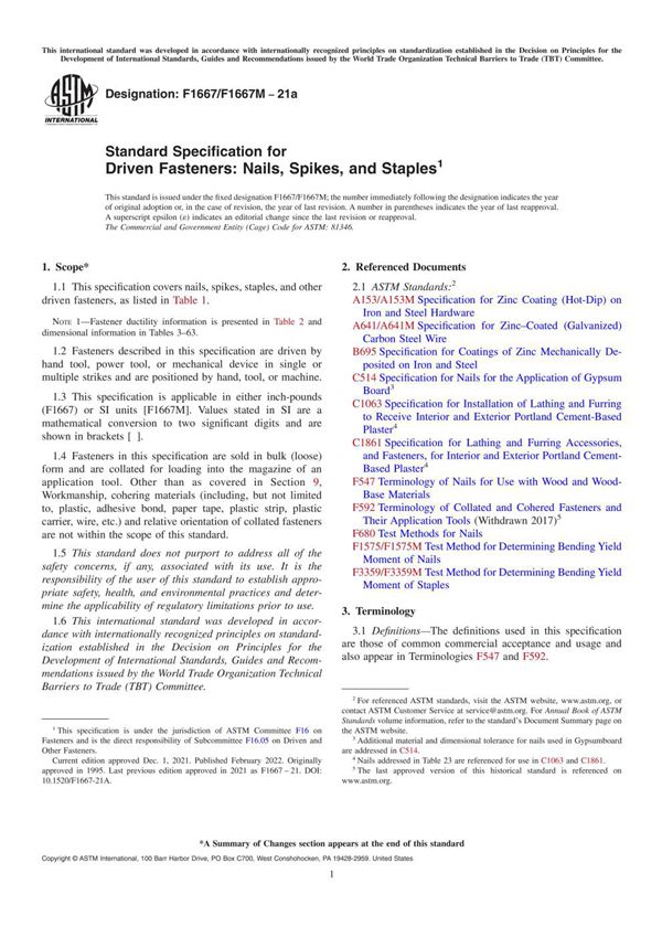 ASTM F1667 F1667M-21a 从动紧固件的标准规范钉子 钉子和订书钉