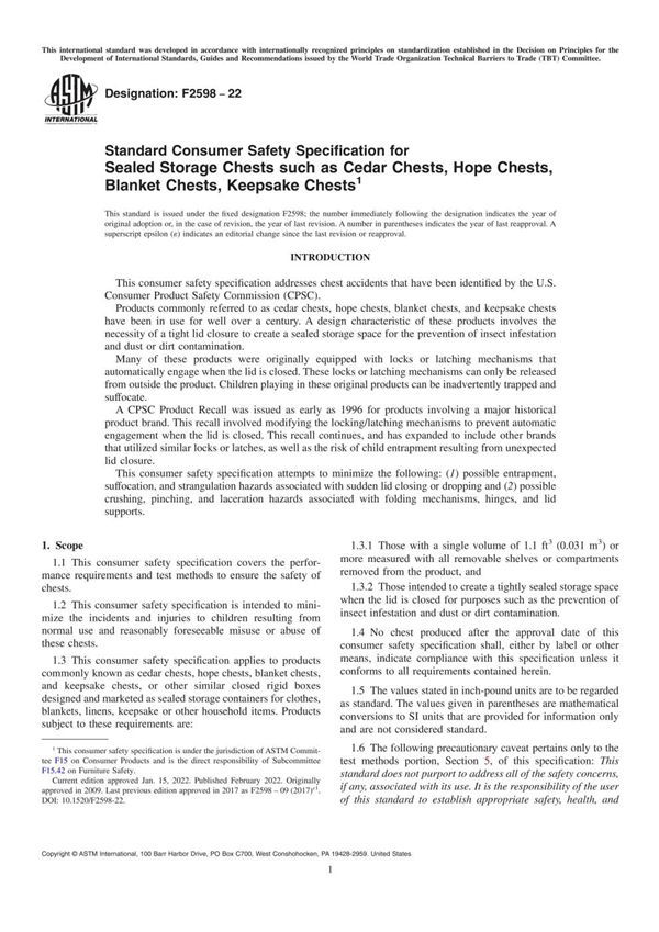 ASTM F2598-22 密封储物箱(如雪松箱 希望箱 毯子箱 纪念品箱)的消费者安全标准规范