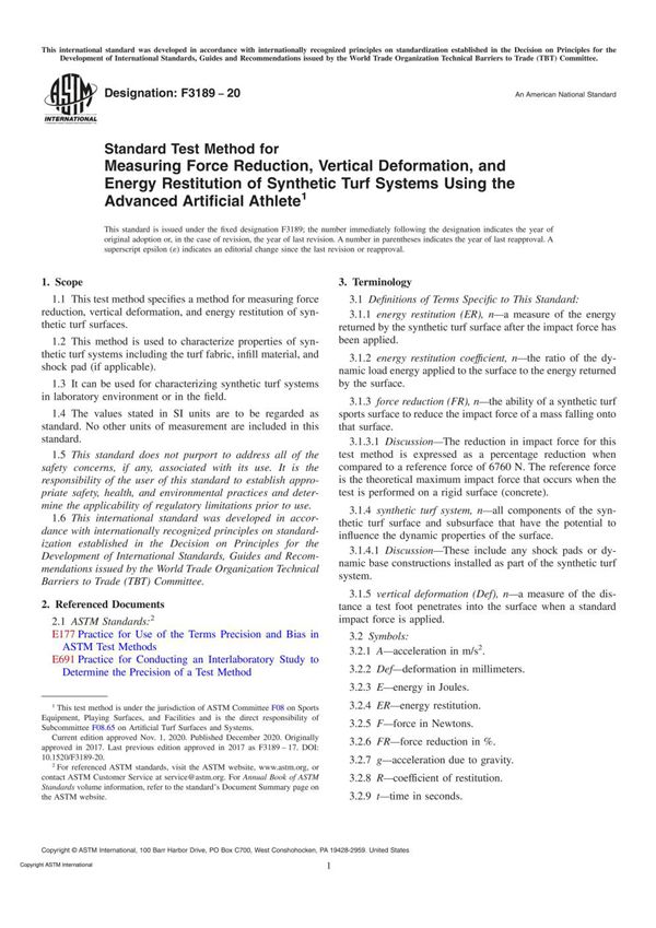 ASTM F3189-20 Standard Test Method for Measuring Force Reduction, Vertical Deformation, and Energy