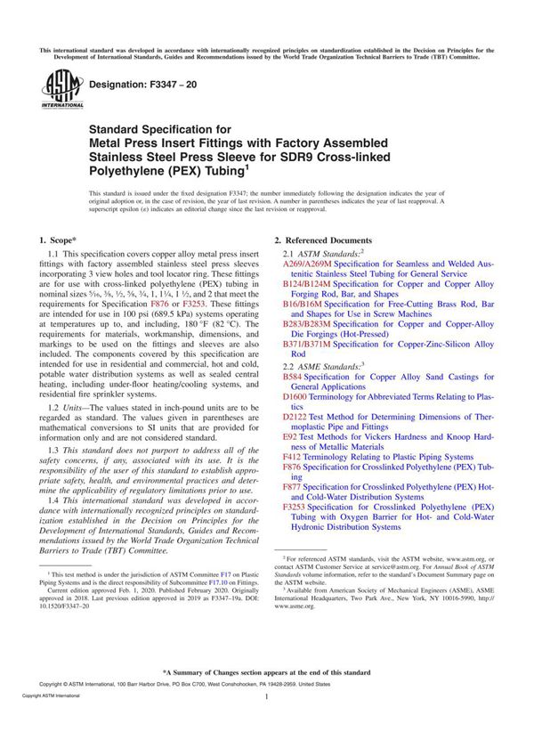 ASTM F3347-20 Standard Specification for Metal Press Insert Fittings with Factory Assembled Stainl