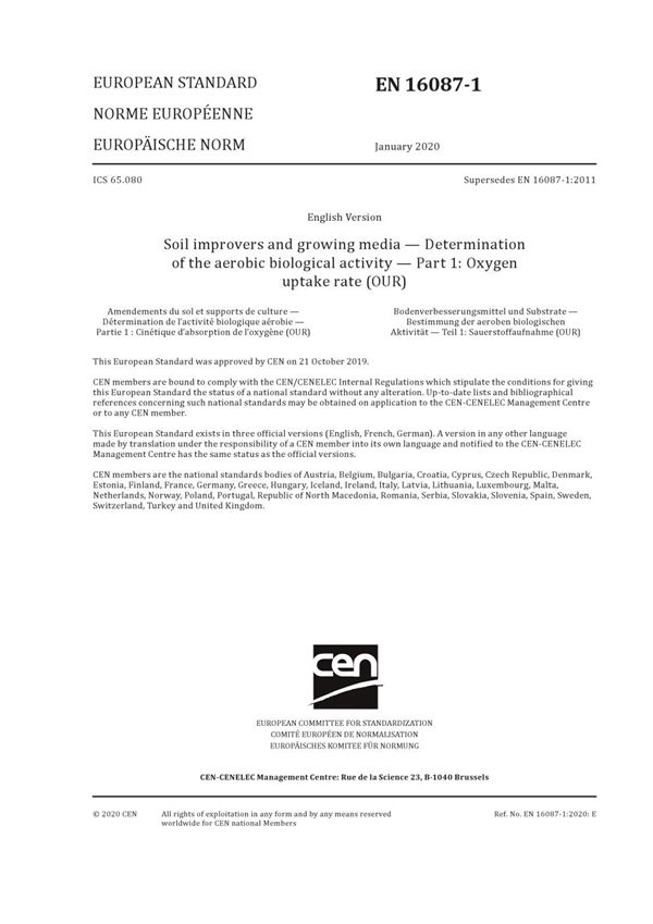 EN 16087-1-2020 土壤改良剂和生长介质 有氧生物活性的测定 第1部分 氧气摄取率(我们的)