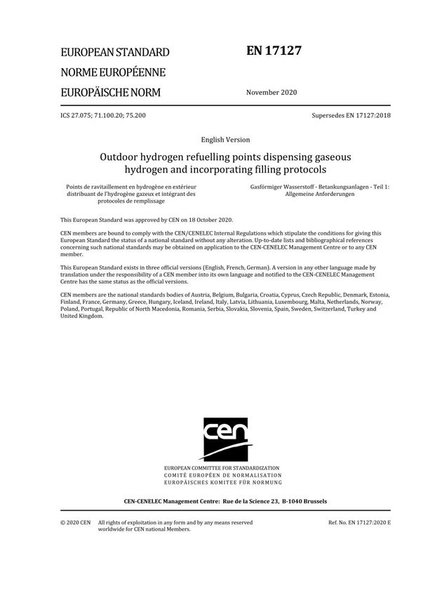 EN 17127-2020 室外氢燃料补给点分配气态氢并加入填充协议