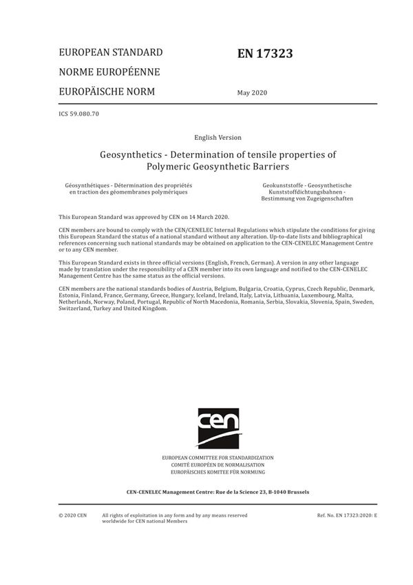 EN 17323-2020 土工合成材料 聚合土工合成屏障拉伸性能的测定