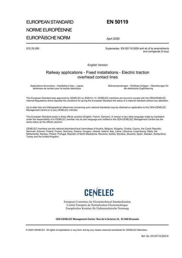 EN 50119-2020 铁路应用 固定安装 电力牵引架空接触线