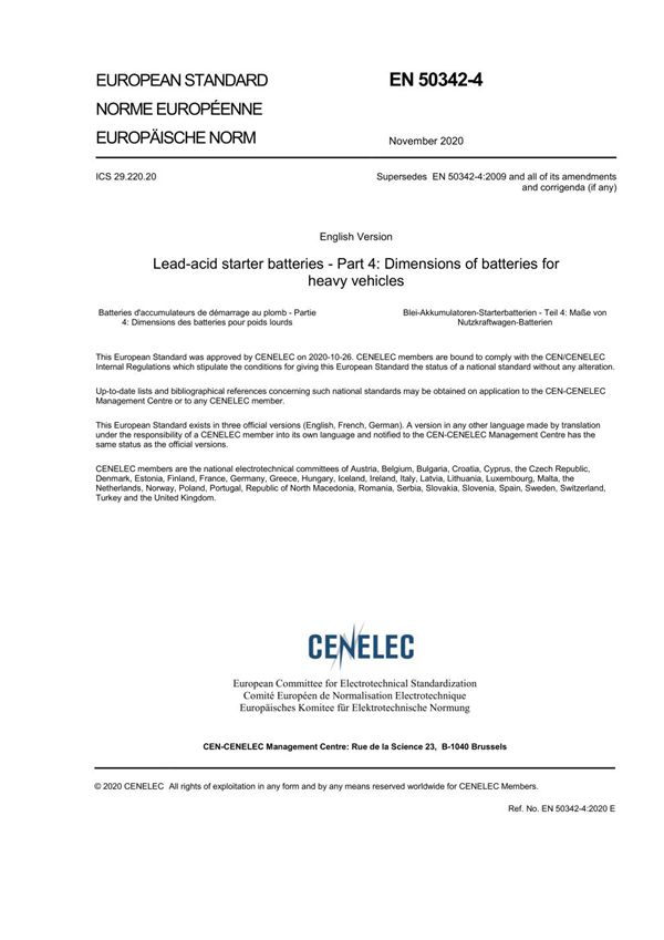 EN 50342-4-2020 铅酸起动电池 第4部分 重型车辆电池尺寸