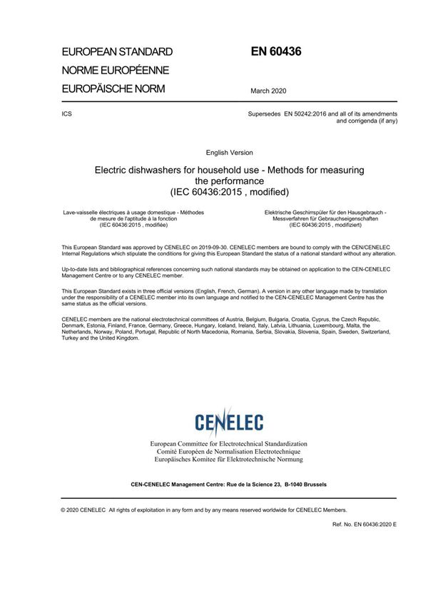 EN 60436-2020 家用电动洗碗机 测量性能的方法
